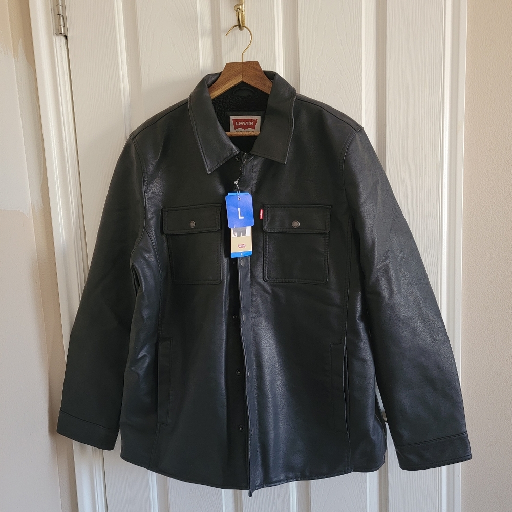 Mens Black Faux Leather Jacket Size Large